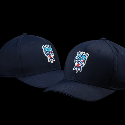 SWAG Golf navy snapback golf hat with rubber patriotic themed patch on the front.
