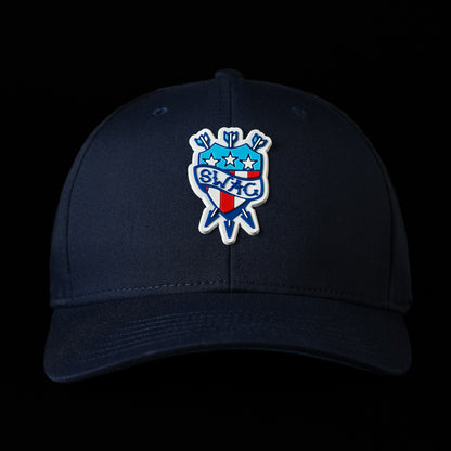 SWAG Golf navy snapback golf hat with rubber patriotic themed patch on the front.