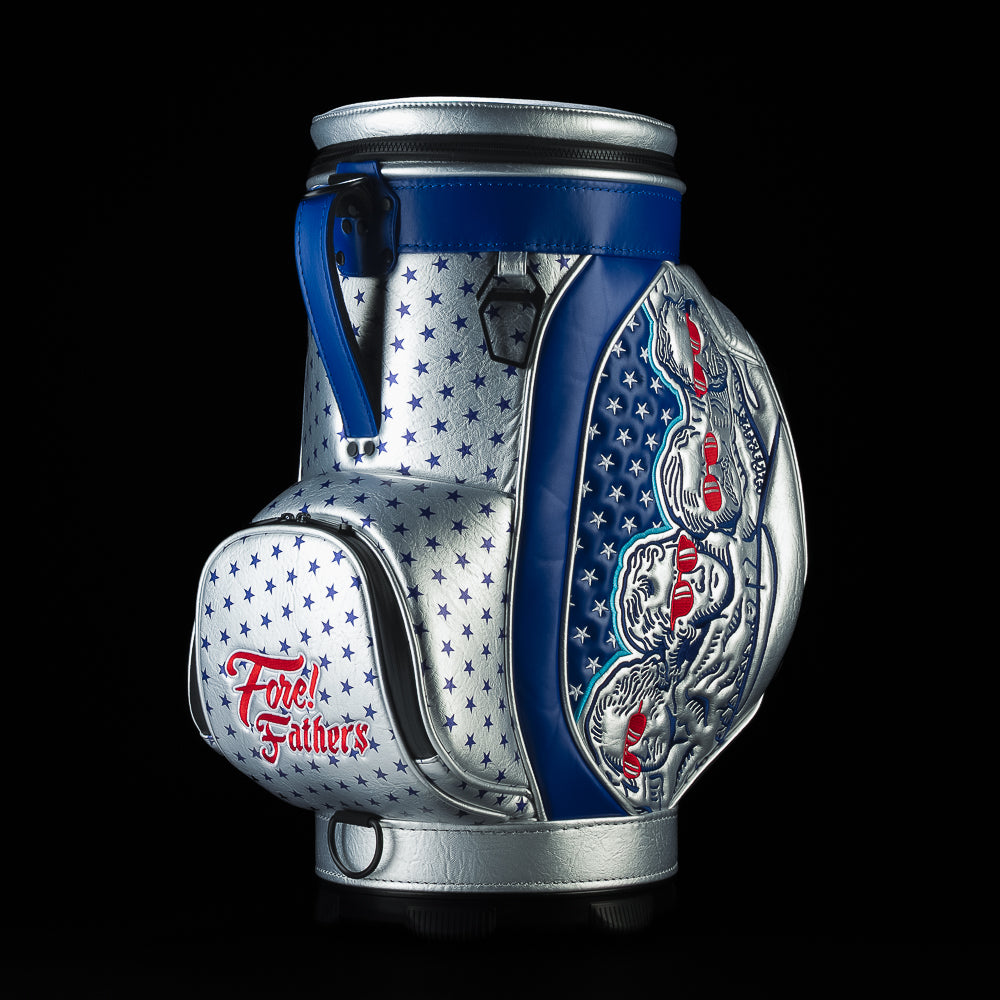 Back view of the Fore! Fathers Den Caddy Cooler showcasing detailed Founding Father artwork, patriotic graphics, and embroidered red, white, and blue accents.