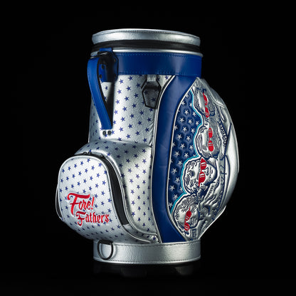 Back view of the Fore! Fathers Den Caddy Cooler showcasing detailed Founding Father artwork, patriotic graphics, and embroidered red, white, and blue accents.