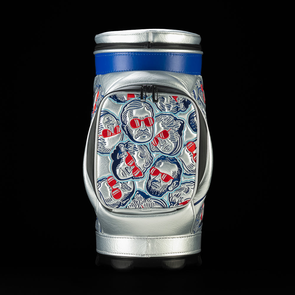 Top-down view of the Fore! Fathers Den Caddy Cooler displaying patriotic interior artwork, Founding Father graphics, and insulated cooler construction.