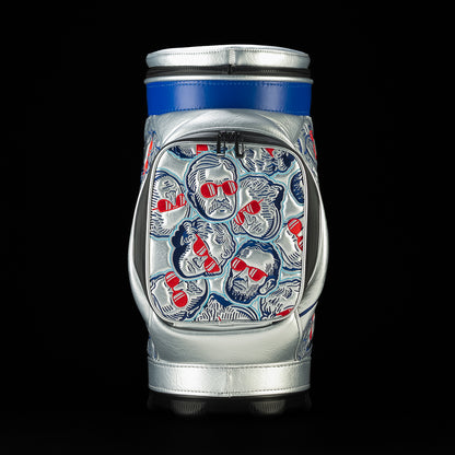 Top-down view of the Fore! Fathers Den Caddy Cooler displaying patriotic interior artwork, Founding Father graphics, and insulated cooler construction.