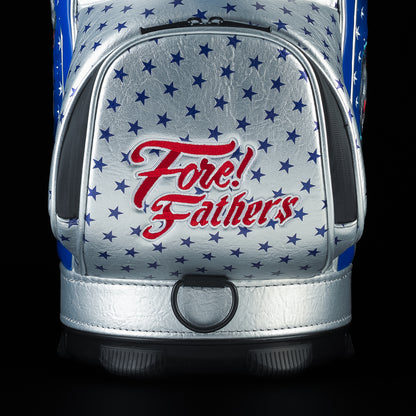Close-up of the Fore! Fathers Den Caddy Cooler opening featuring patriotic star patterns, embroidered branding, and insulated interior lining.