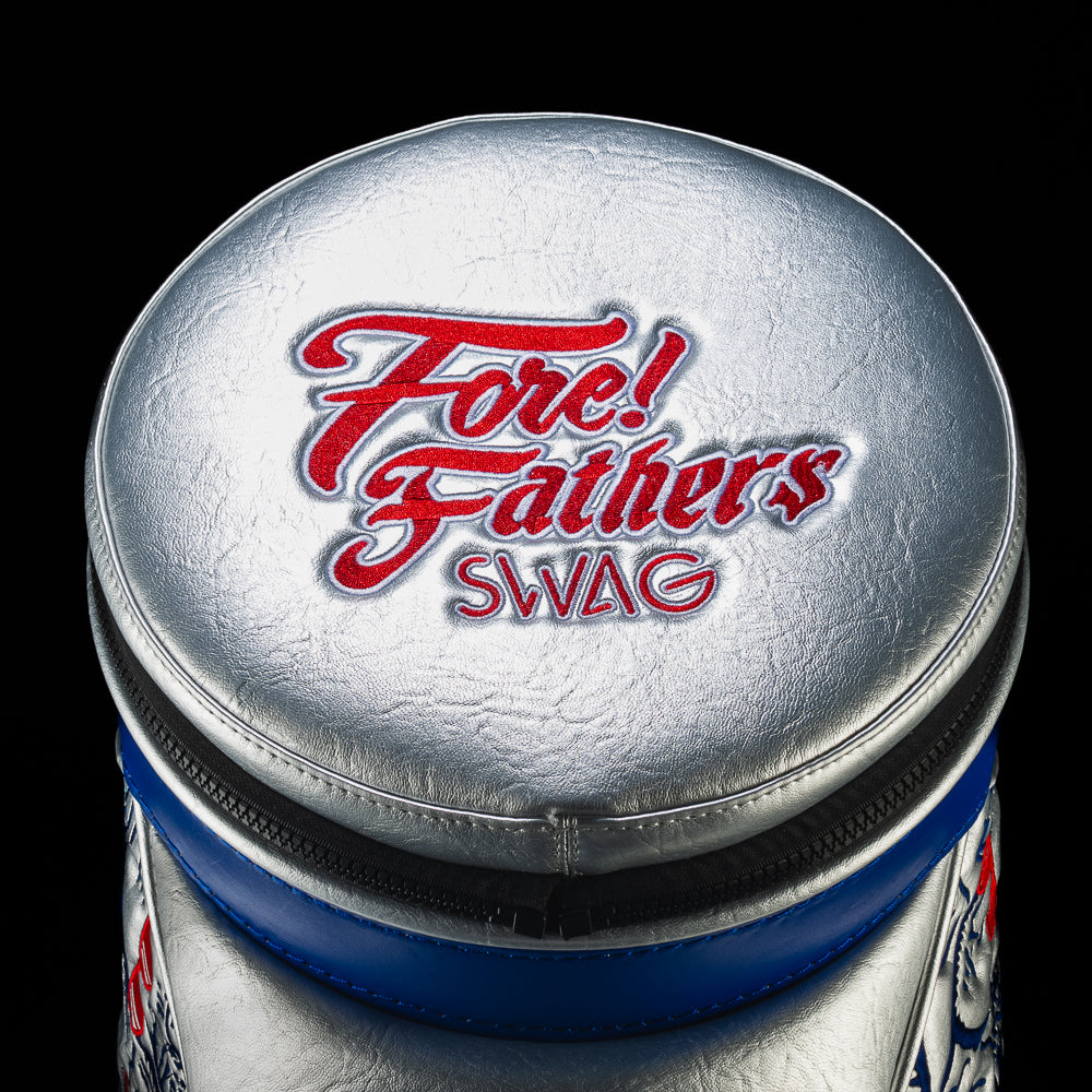 Detailed view of the embroidered Fore! Fathers logo on the Fore! Fathers Den Caddy Cooler with patriotic red, white, and blue styling.
