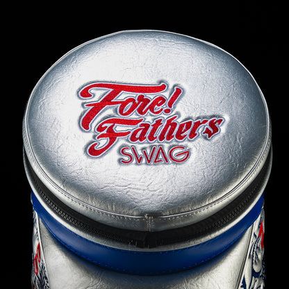 Detailed view of the embroidered Fore! Fathers logo on the Fore! Fathers Den Caddy Cooler with patriotic red, white, and blue styling.