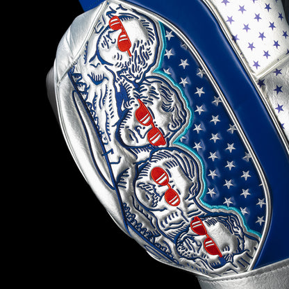 Close-up of the side panel on the Fore! Fathers Den Caddy Cooler featuring detailed Founding Father illustrations, patriotic graphics, and embroidered accents.