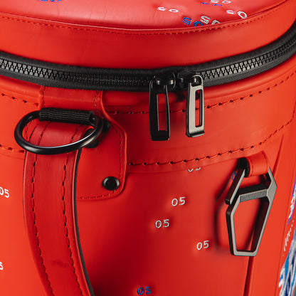 Close-up of patriotic embroidery and utility pocket details on the RWB Gigantic Lincoln Den Caddy Cooler.