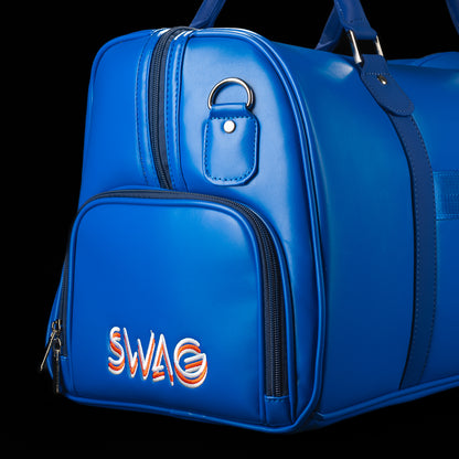 Side pocket detail of the RWB Gigantic Lincoln Duffel Bag featuring embroidered SWAG branding, premium materials, and additional storage space.