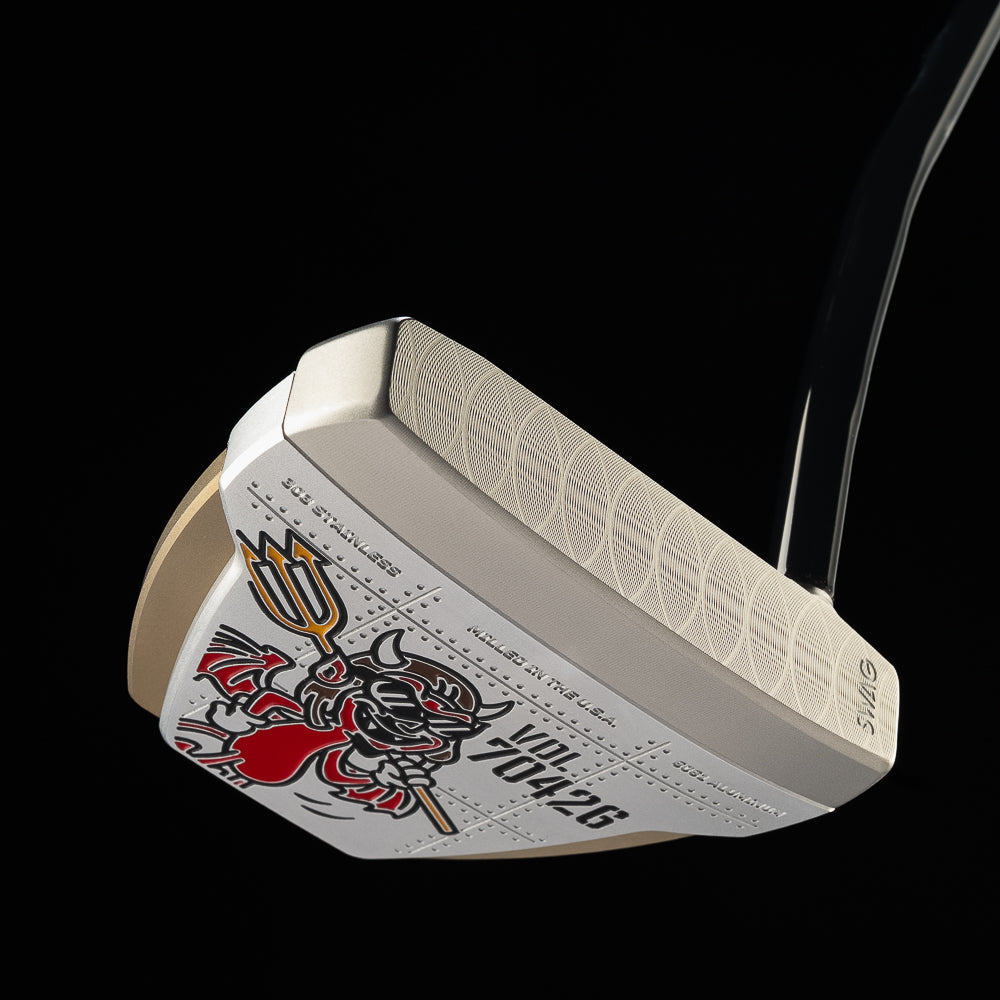 SWAG Golf The Vandal Squadron limted edition high MOI mallet putter with vintage aircraft design and devil character.