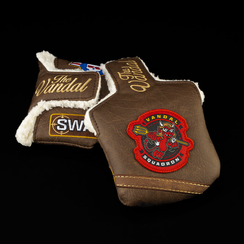 SWAG Golf The Vandal X Squadron limted edition high MOI mallet putter with vintage aircraft design and devil character.
