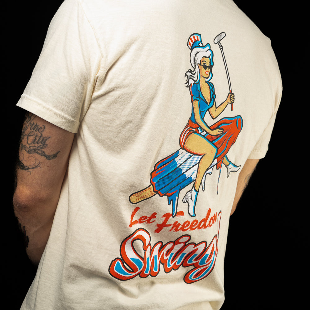 SWAG Golf cream short sleeve graphic t-shirt with Bombshell Pinup graphic.