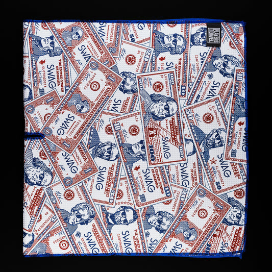 Stacked USA bills white, red and blue golf players towel accessory.