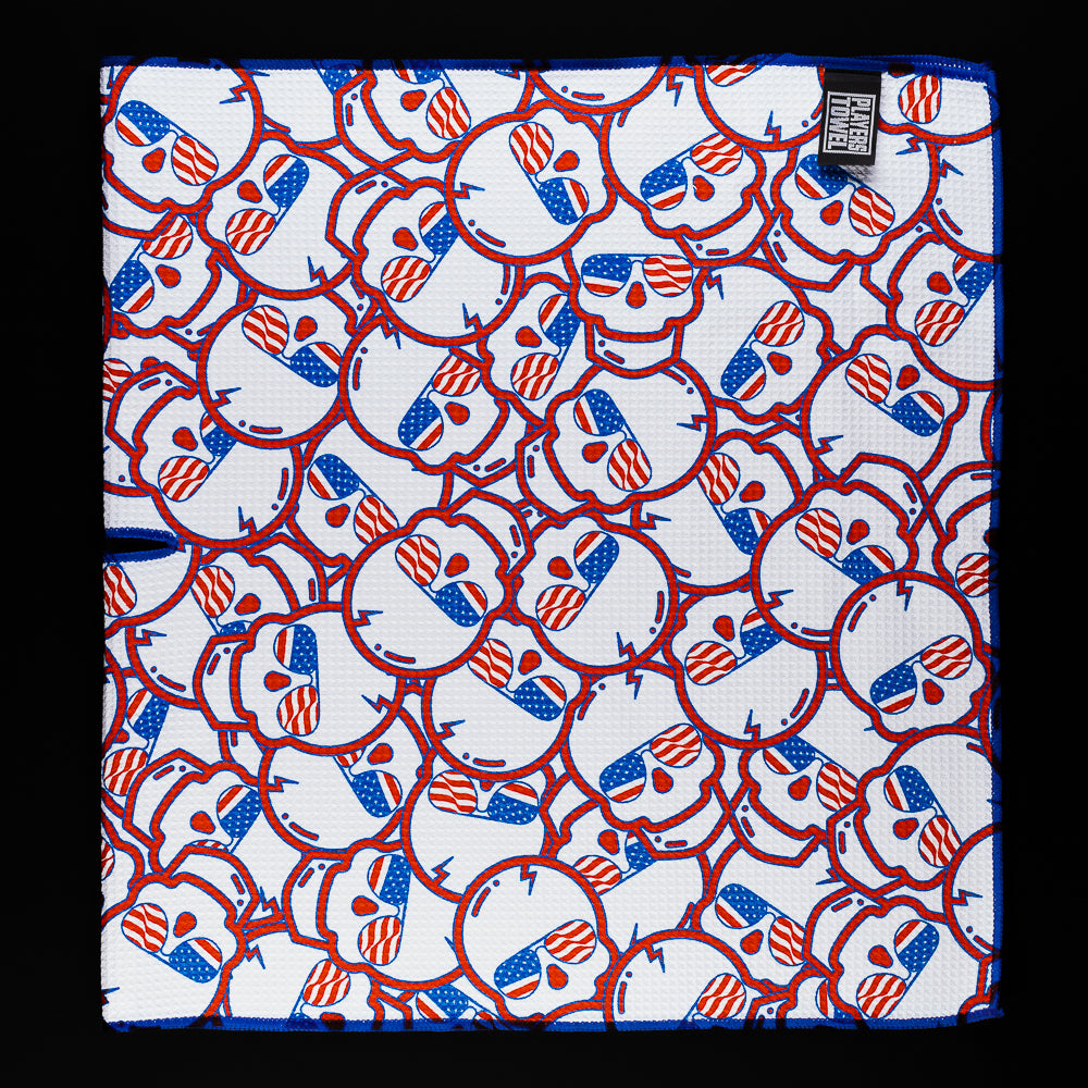 Stacked Swag skulls with USA aviator sunglasses white, red and blue player's golf towel accessory.