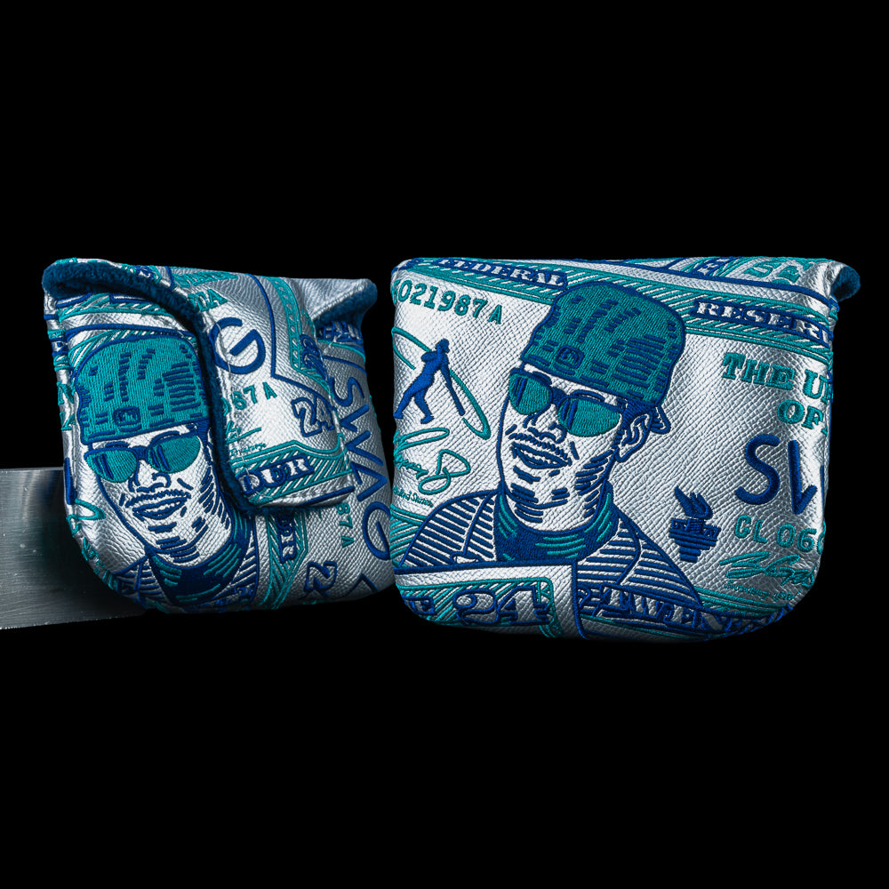 $24 Dollar Griffey Bill mallet cover in mint and navy, currency style, and featured Griffey portrait.