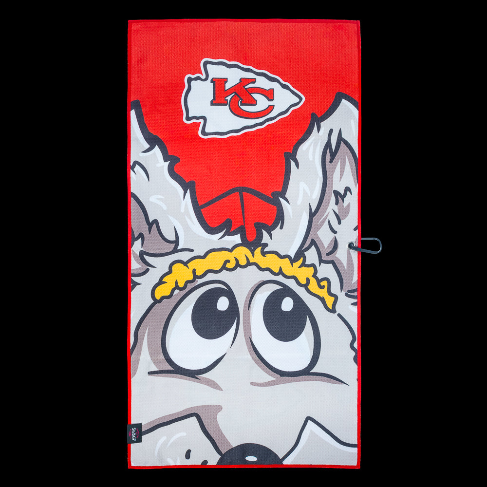 NFL Kansas City Chiefs golf =owel with a cartoon dog and Kansas City Chiefs logo on a red background.
