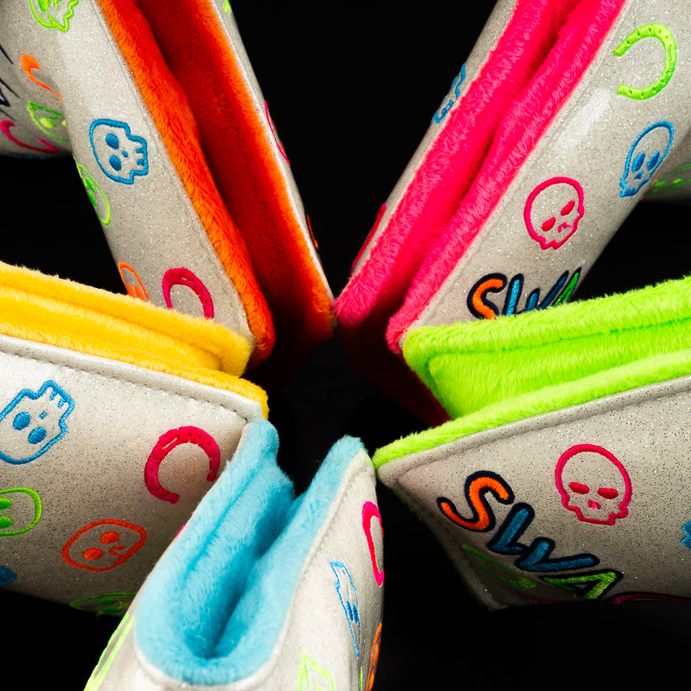 Lucky Horseshoe lime green, silver, magenta, orange and blue blade putter head cover made in the USA.