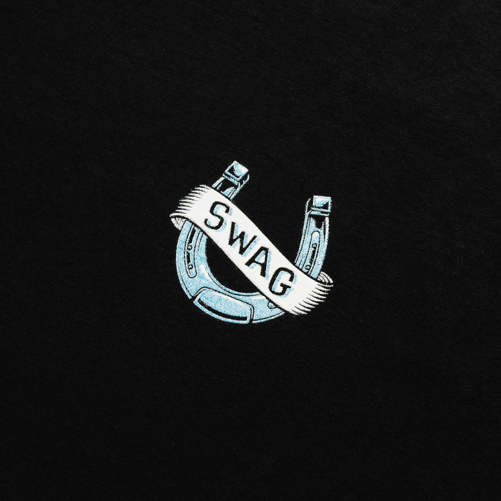 Lucky Horseshoe T-shirt in black with horse in light blue on left chest and horseshoe on the back in light blue with writing.