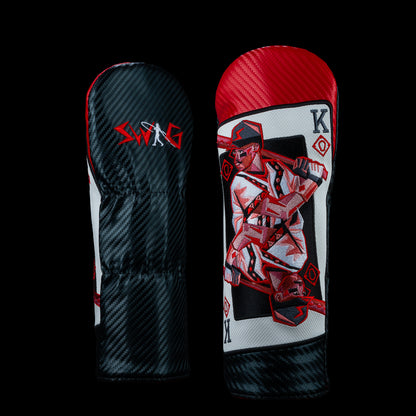 King of the Diamond Cincy fairway cover in red and black card design, Griffey batter stance, and SWAG branding.