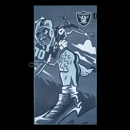 Golf towel with warrior design and Las Vegas Raiders logo on a dark background.