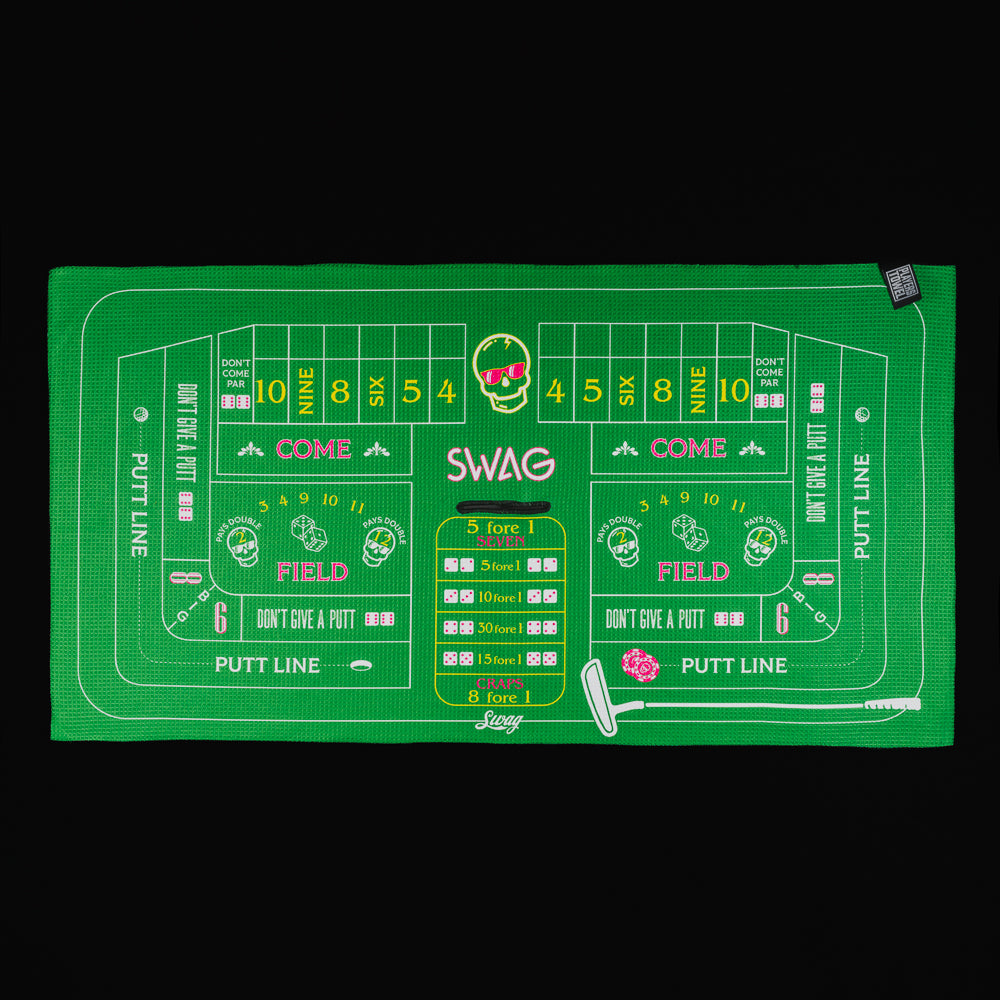 Swag craps table green players golf towel accessory.