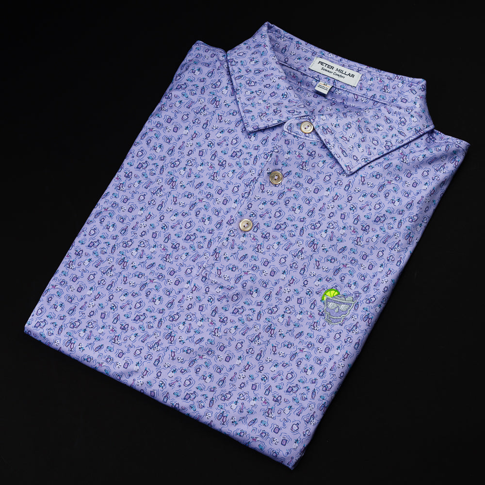 Swag x Peter Millar purple cocktail-themed men's short sleeve performance golf polo shirt.