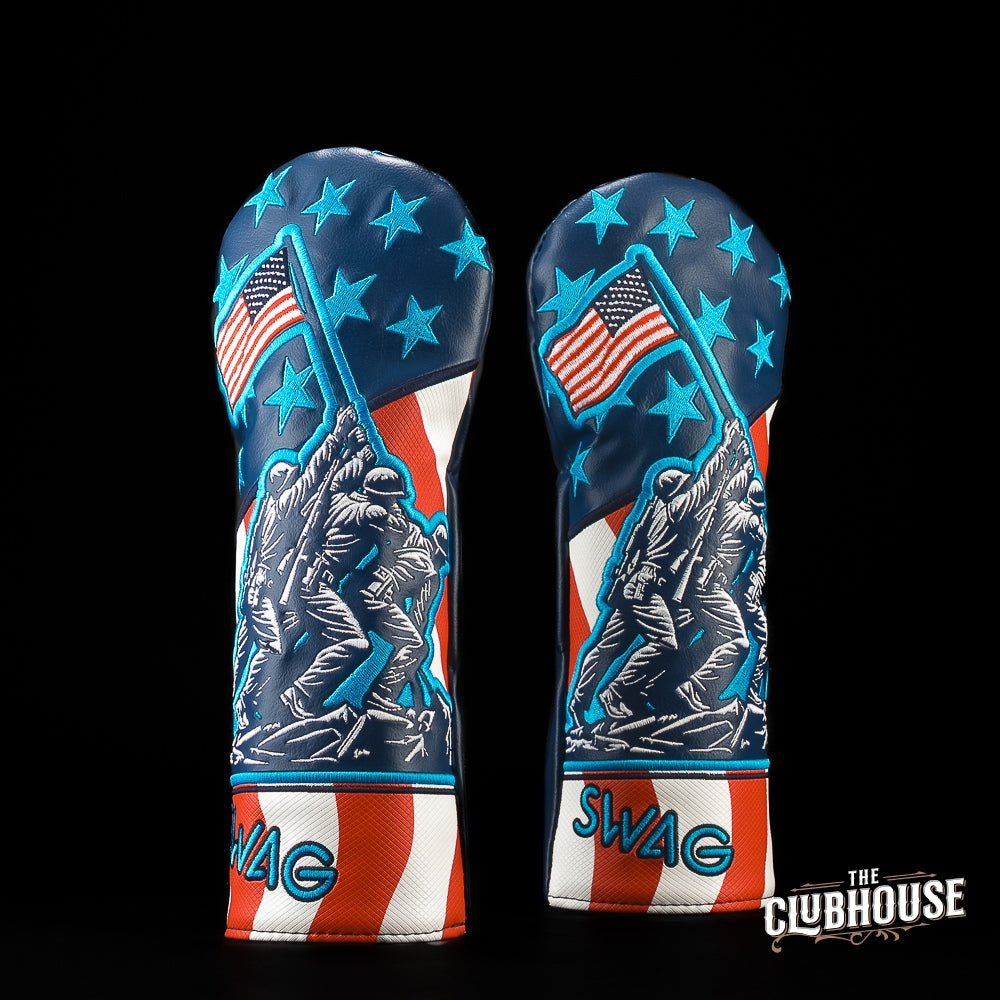 Two fairway golf club headcovers with American flag design and 'SWAG' branding on a black background.