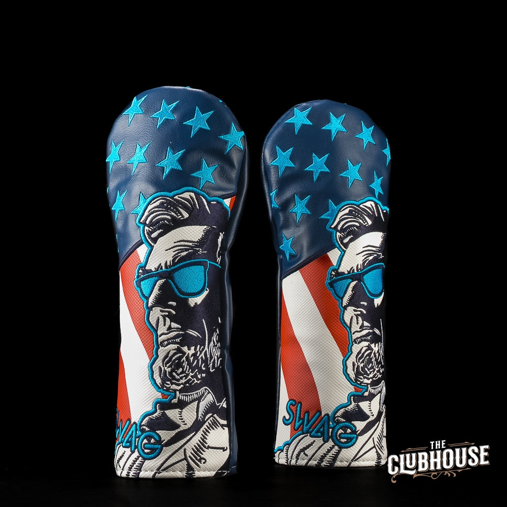 SWAG Golf Liberty Lincoln red, white, and blue fairway wood golf headcover featuring Lincoln in shades.