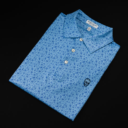 Blue polo with drinking designs with blue skull on the left chest.