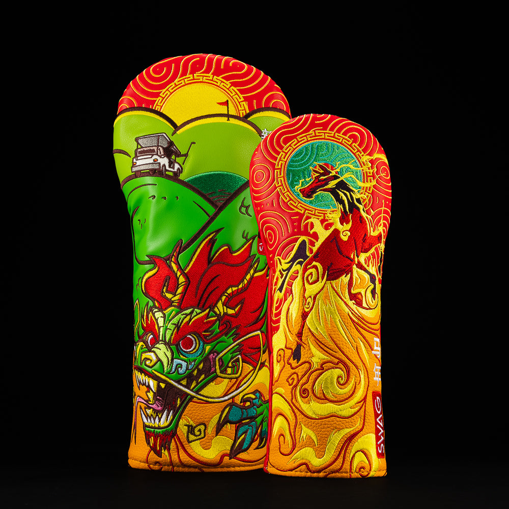 Lunar New Year driver and fairway golf headcovers with dragon and fire horse artwork in red, gold, and green tones.
