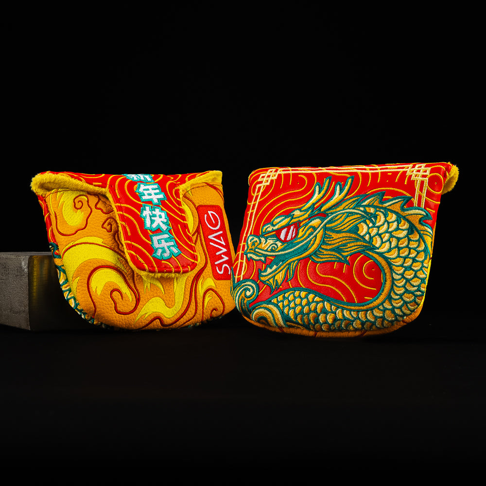 Red and gold Lunar New Year mallet putter cover with dragon illustration and envelope inspired design