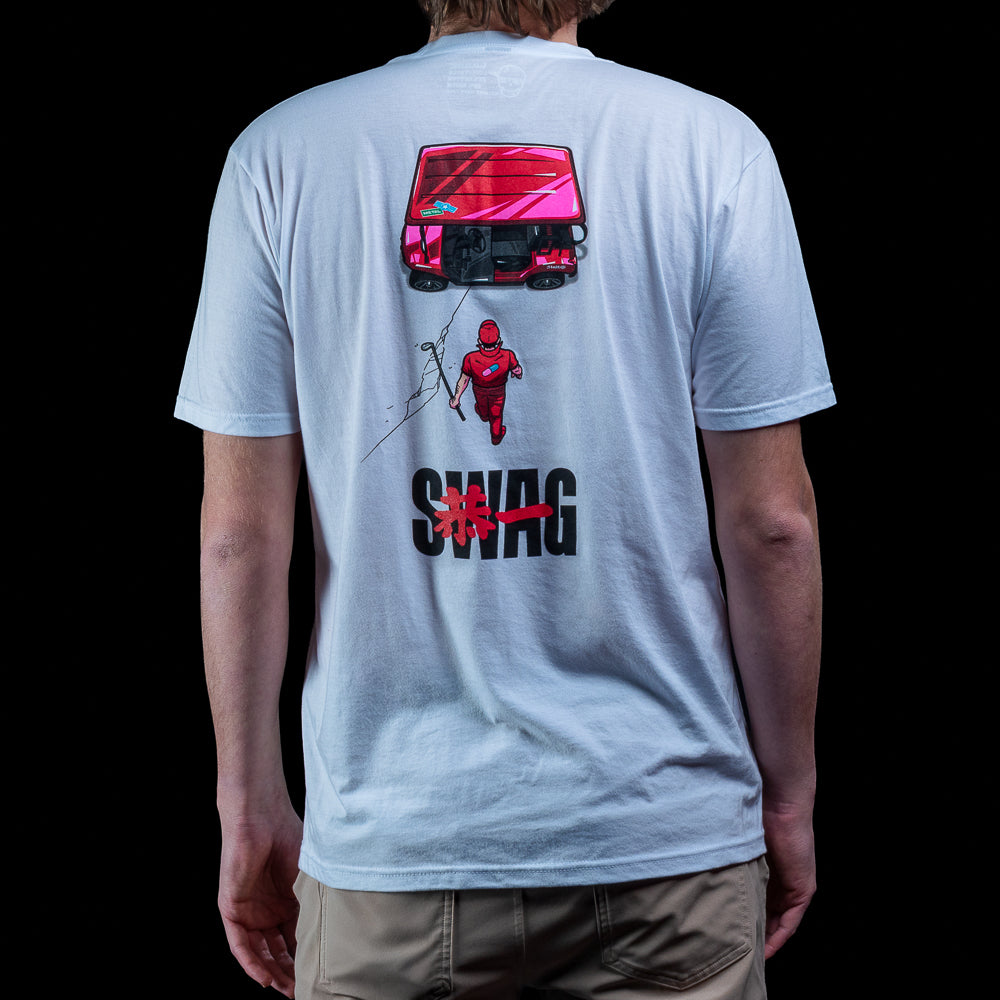 Back view of light blue SWAG Golf Anime T-shirt with red golf cart graphic, running figure, and SWAG text artwork