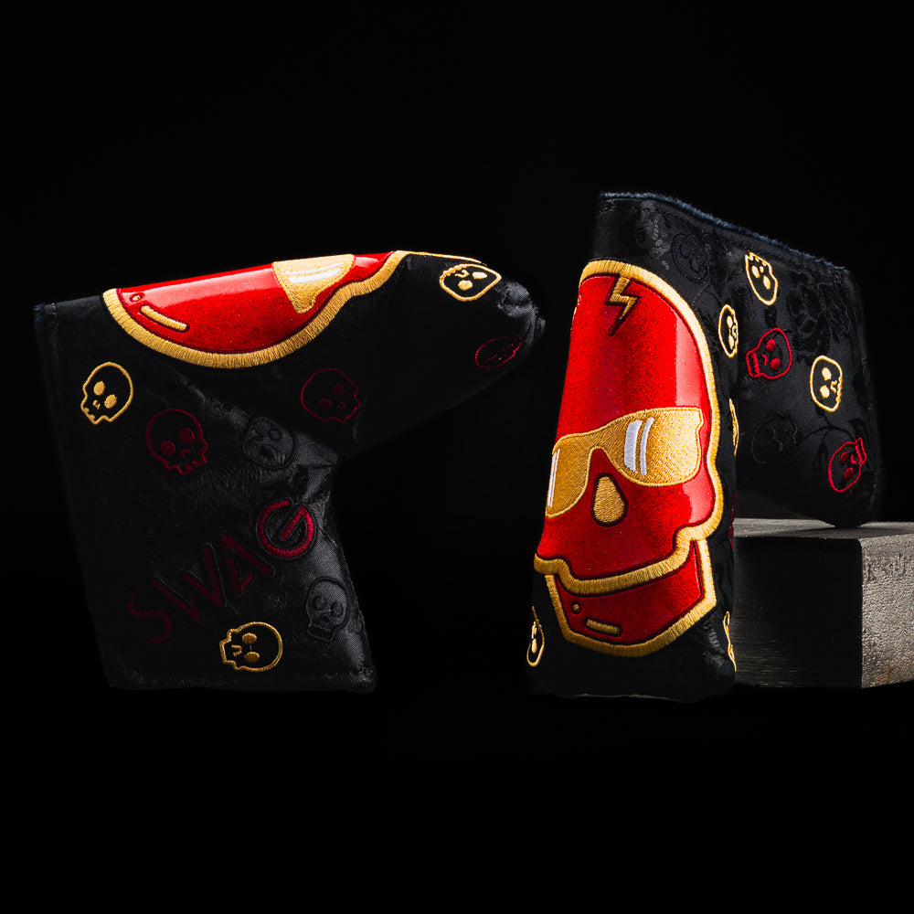 Swag lunar new year black, red, and gold skull blade putter golf headcover made in the USA.