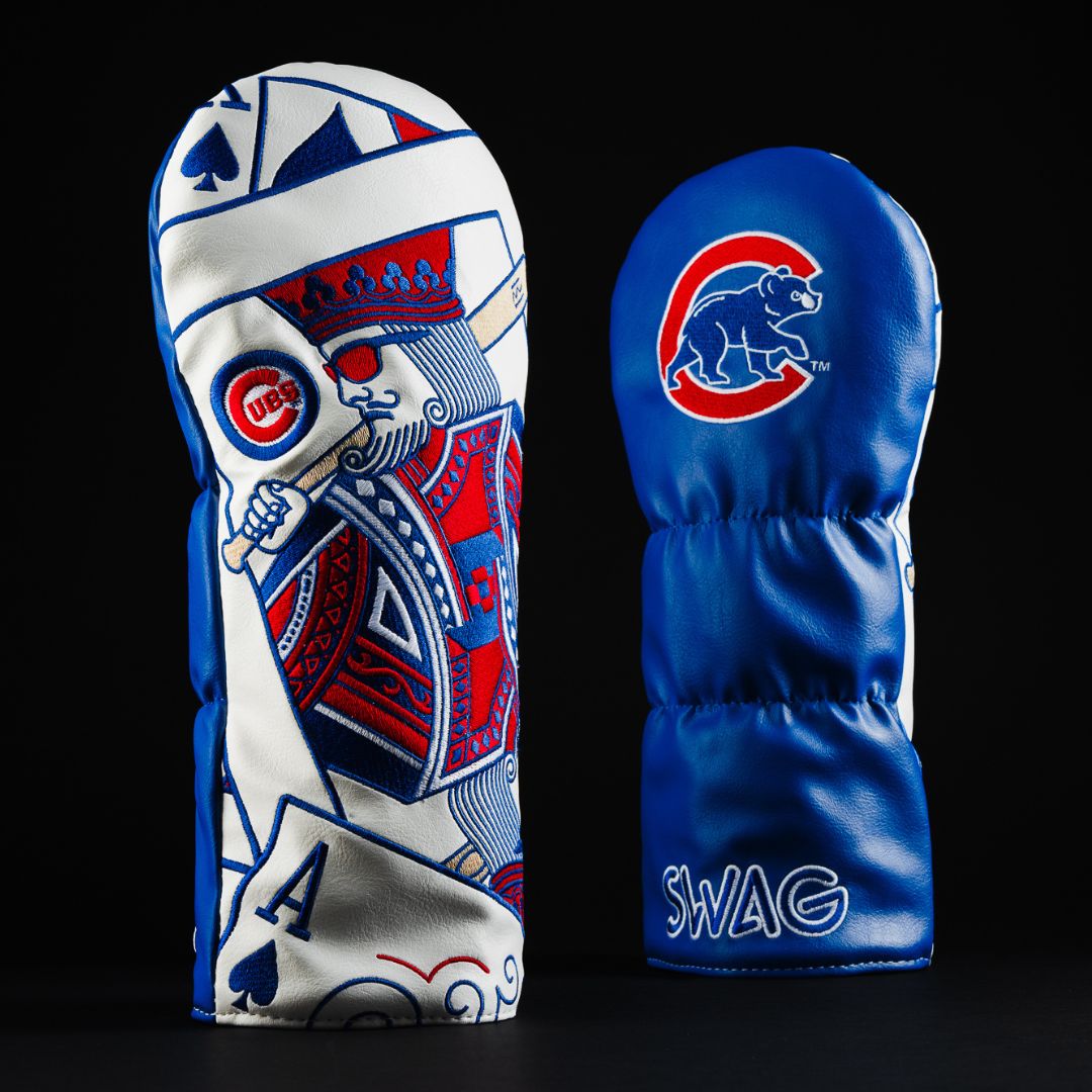 Officially licensed MLB Chicago Cubs king of diamonds blue and white driver golf head cover made in the USA.