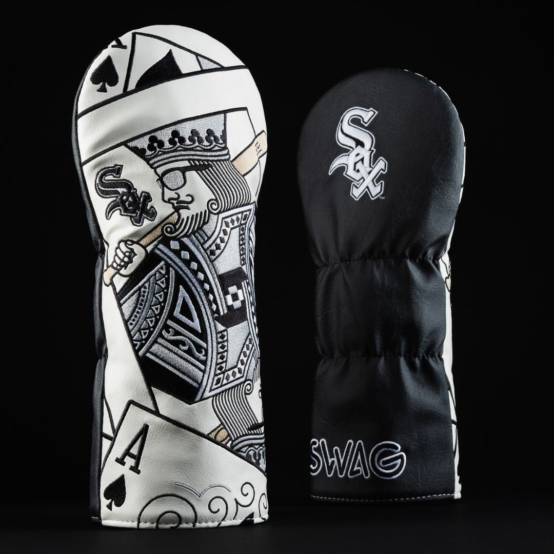 Officially licensed MLB Chicago White Sox king of diamonds black and white driver golf head cover made in the USA.