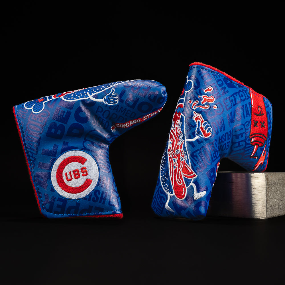 Chicago Cubs Chicago Dog blue, red and white blade putter golf club head cover made in the USA.