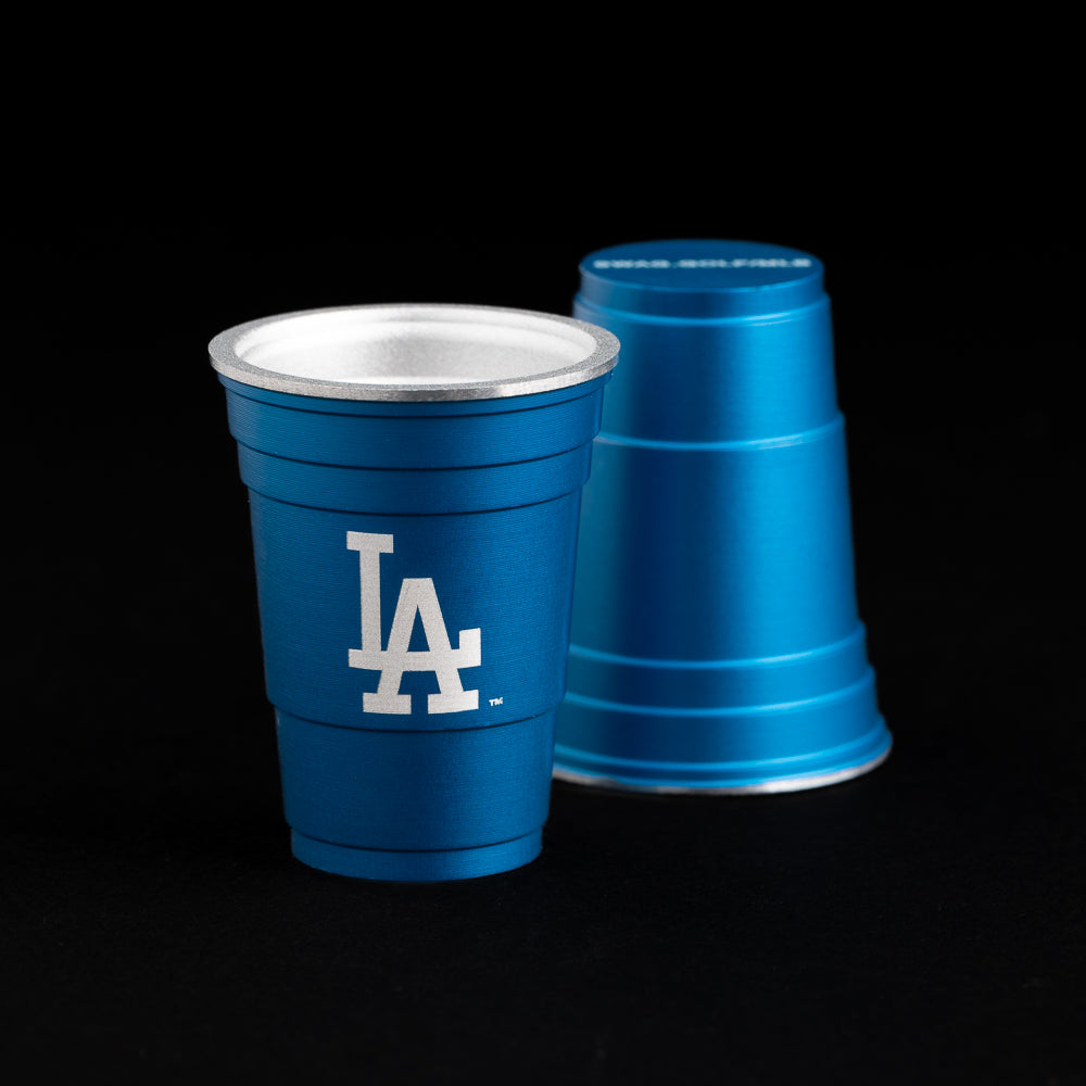 Los Angeles Dodgers logo royal blue flip cup golf ball marker accessory.