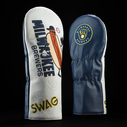 Milwaukee Brewers hot dog white, navy and yellow driver golf head cover.