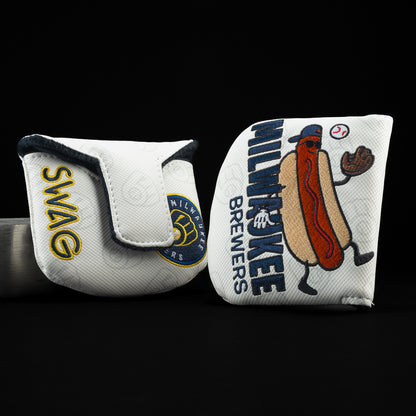 Milwaukee Brewers hot dog white, navy and yellow mallet golf head cover.