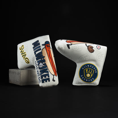 Milwaukee Brewers hot dog white, navy and yellow blade golf head cover.