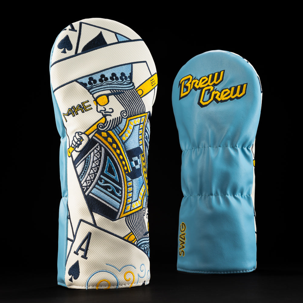 Brewers King Driver headcover in blue, yellow, and royal blue.