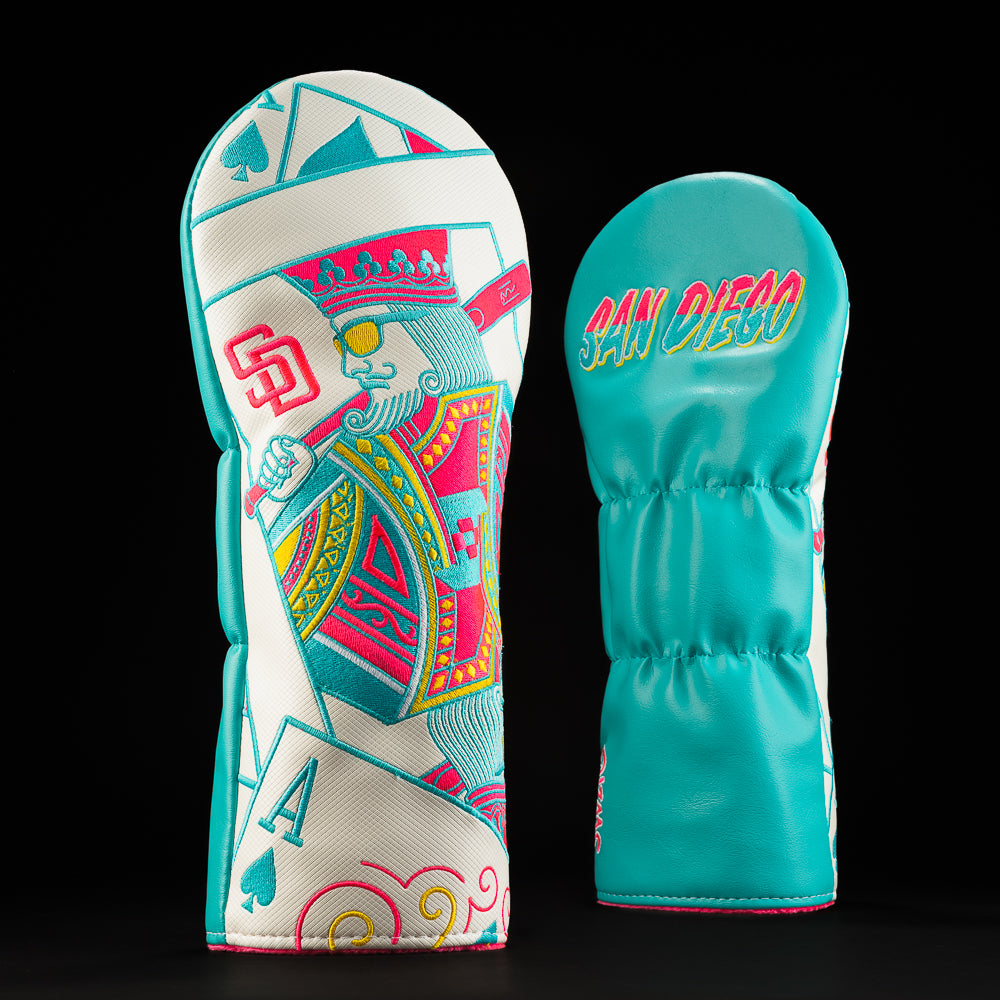 Padres King Driver headcover in teal, yellow and neon pink.