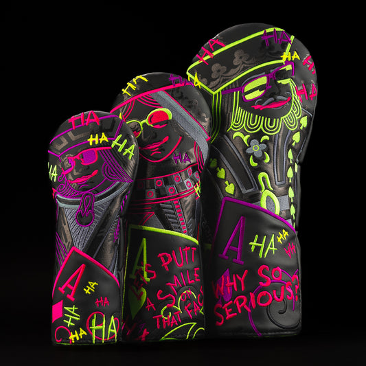 Defaced Blackjack in black, neon pink, purple, neon green and neon yellow wood set golf club head covers made in the USA.