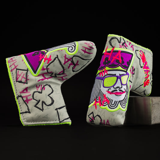 Defaced King grey, neon green, purple and magenta blade golf club head cover made in the USA.