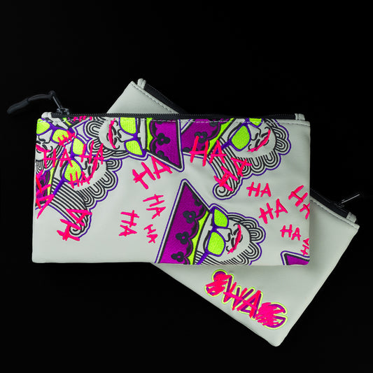 Silver Defaced King Valuables pouch with neon green, magenta and purple.
