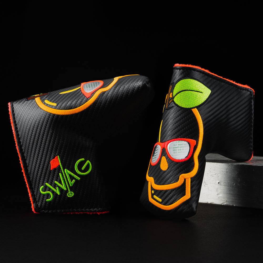 Menu glasses peach special black, orange and green blade putter golf club head cover made in the USA.