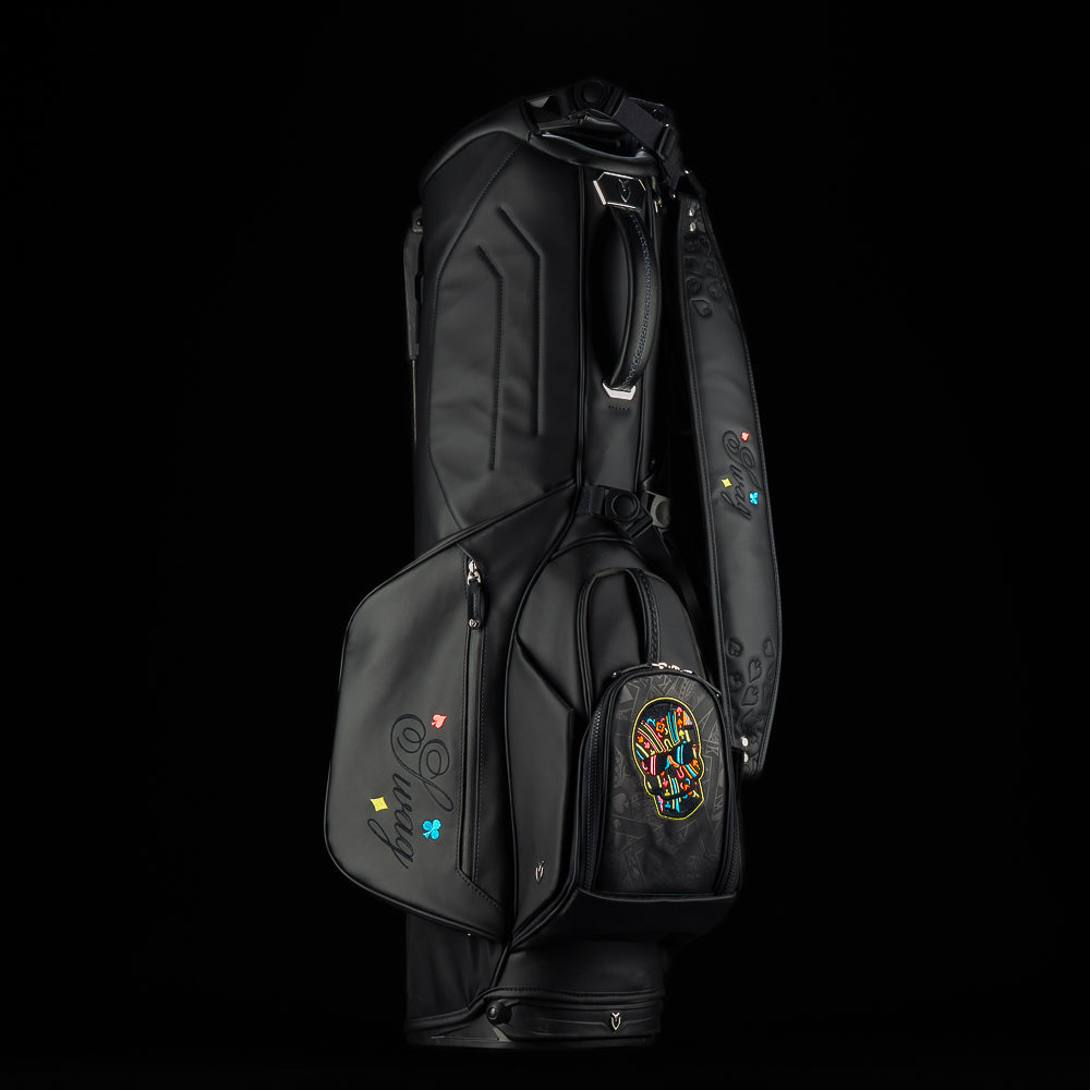 SWAG Golf x Vessel Lux Stand Bag with King playing card blackout and neon pops of color. 