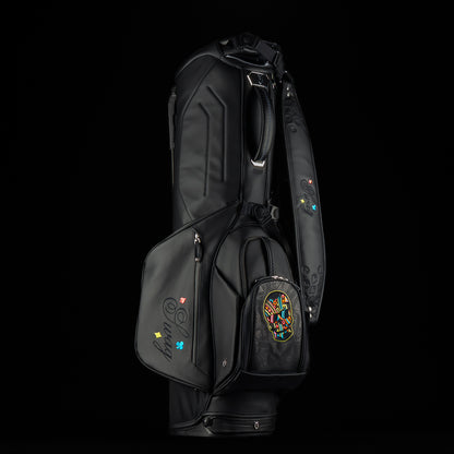 SWAG Golf x Vessel Lux Stand Bag with King playing card blackout and neon pops of color. 