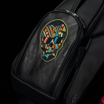 SWAG Golf x Vessel Lux Stand Bag with King playing card blackout and neon pops of color. 