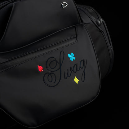 SWAG Golf x Vessel Lux Stand Bag with King playing card blackout and neon pops of color. 