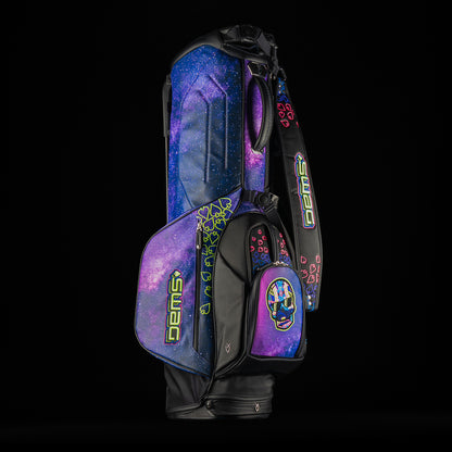 SWAG Golf x Vessel Lux Stand Bag with a purple and blue galaxy and playing card theme.